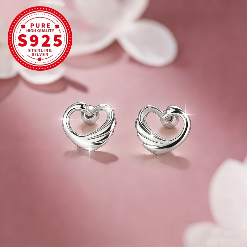 Women's S925 Silver Swan Heart-shaped Screw-back Earrings
